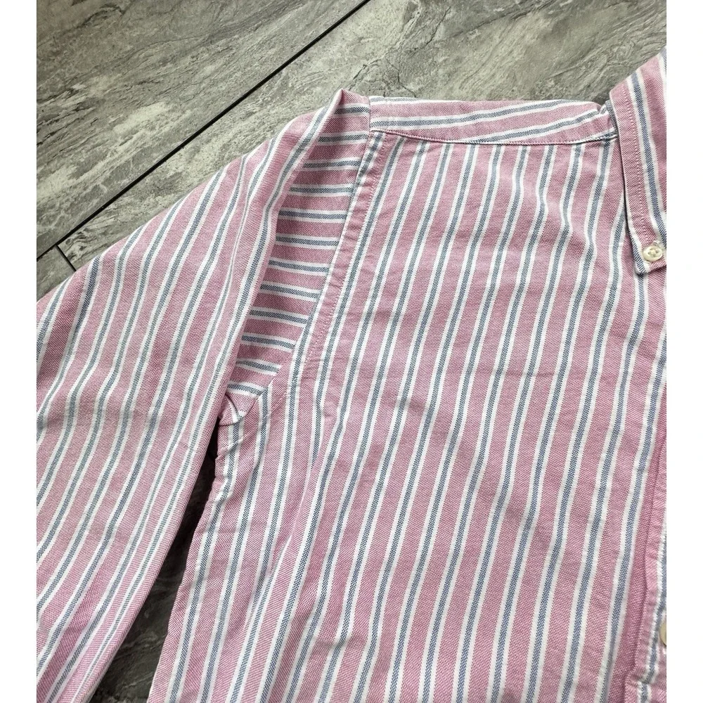Ralph Lauren Boys Size M 12/14 Pink Blue Striped Oxford Button Down Shirt
